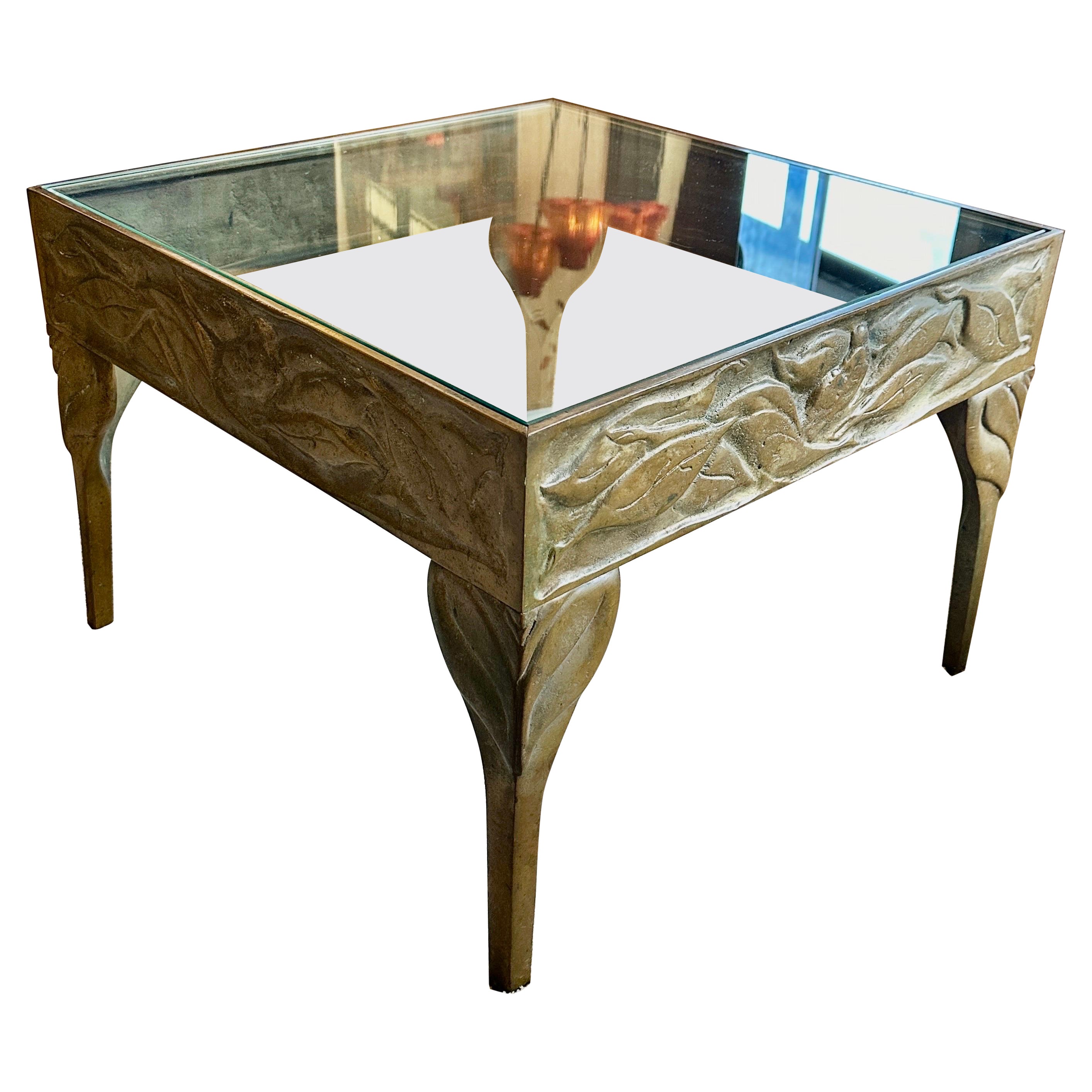Art Deco Bronze Side Table w/ Natural Elements Motif For Sale