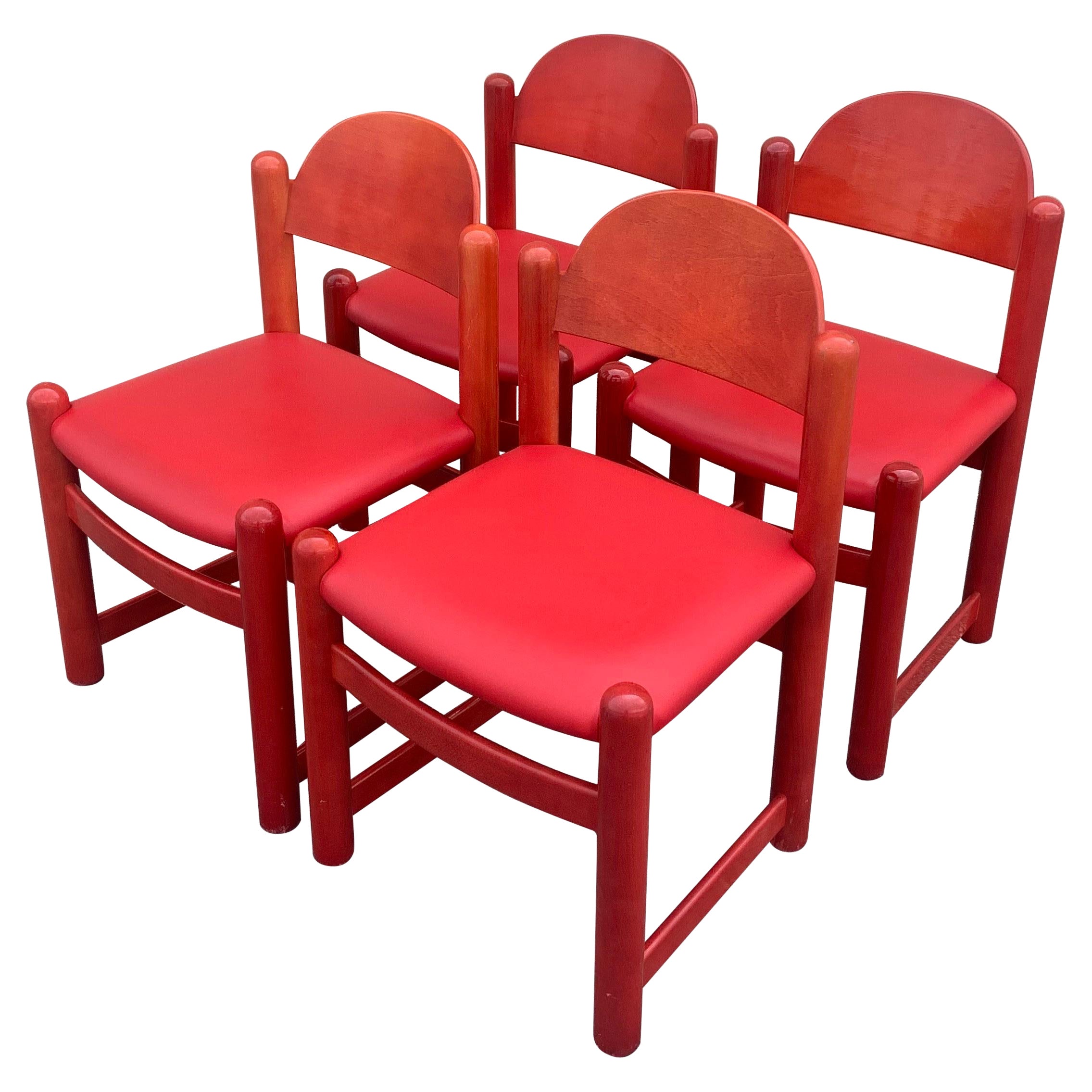 Hank Loewenstein Oak and Leather Chairs in Red, 1970s For Sale