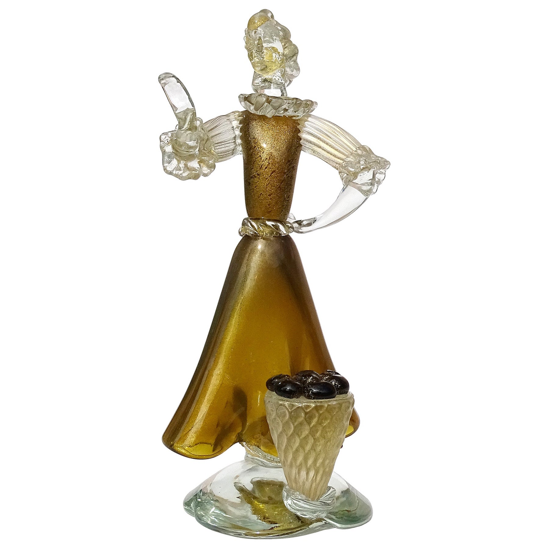 Murano Amber Olive Gold Flecks Italian Art Glass Woman Farmer Figure Sculpture For Sale
