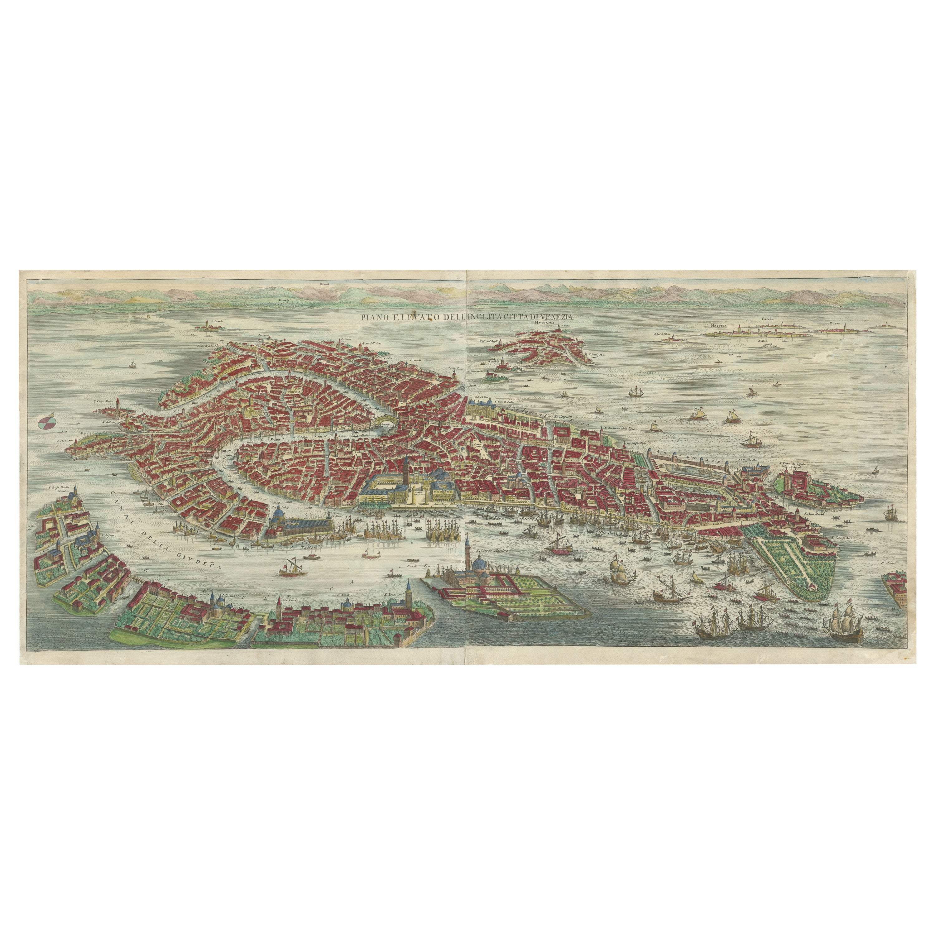 Stunning Decorative Antique Map of Venice in Italy, ca.1787 For Sale