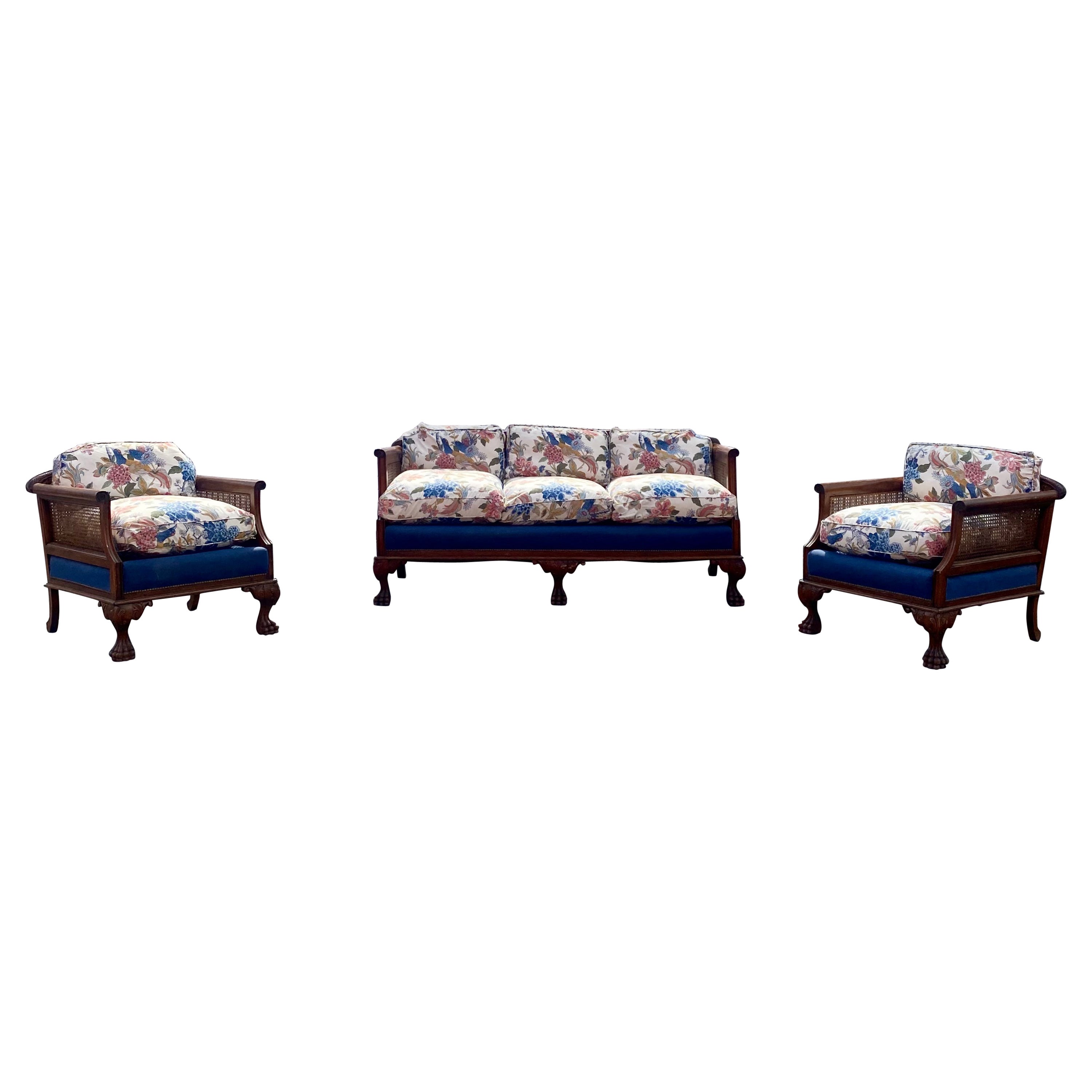 Victorian Down Chinoiserie Carved Wood Claw Rattan Cane Sofa Chairs , Set of 3 For Sale