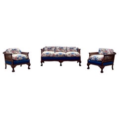 Used Victorian Down Chinoiserie Carved Wood Claw Rattan Cane Sofa Chairs , Set of 3