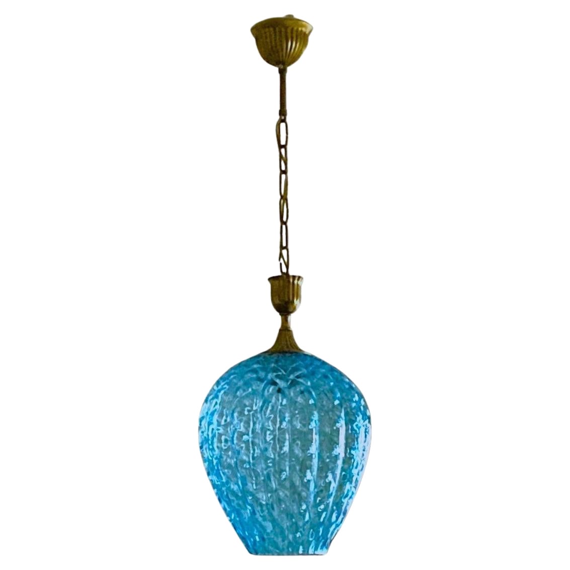 Pendente o lanterna in ottone in vetro blu di Murano in stile Fontana Arte, Italia, anni '50