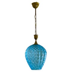 Colgante o farol de latón de cristal azul de Murano Estilo Fontana Arte, Italia, años 50