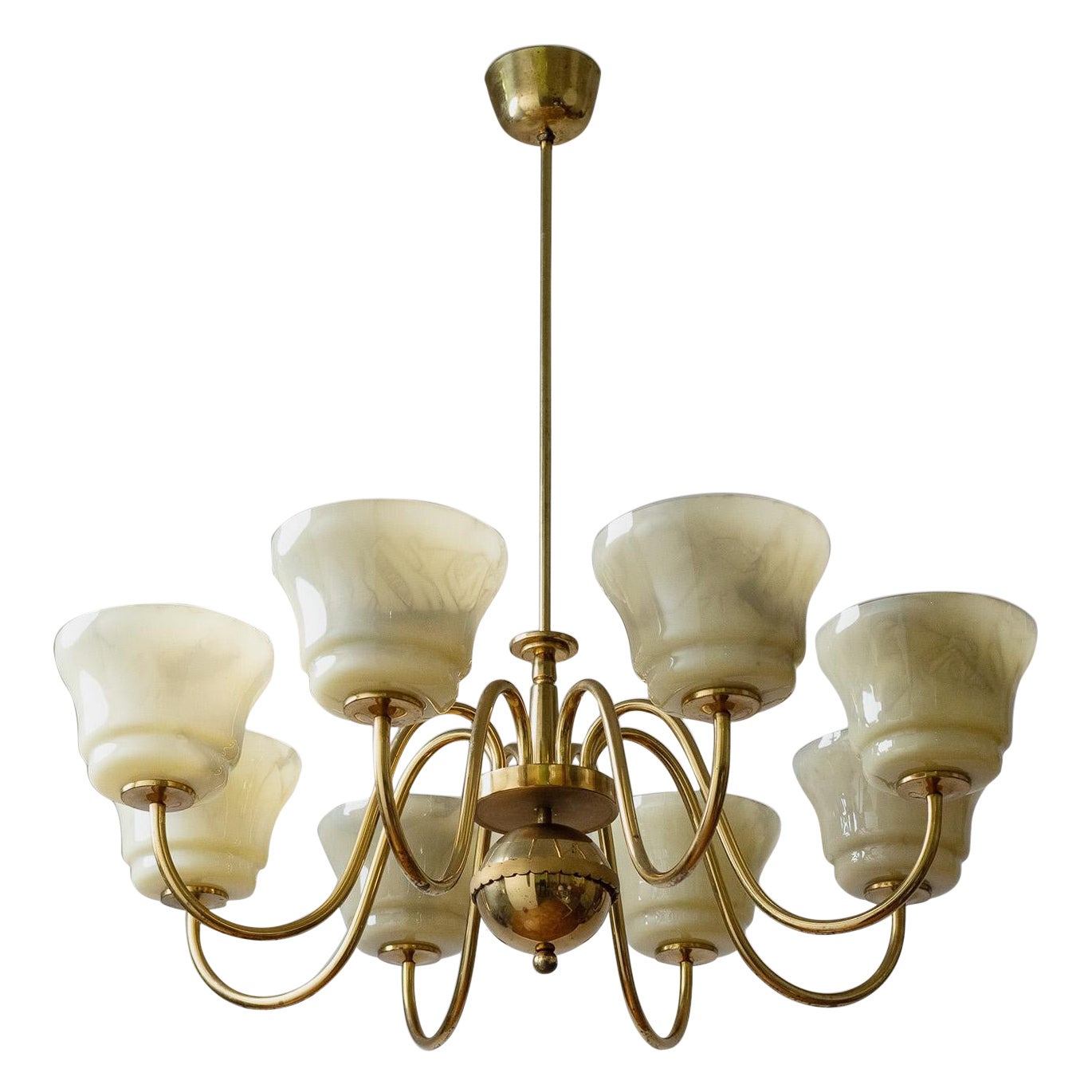 Large Brass Chandelier with Enameled Glass Shades, 1940s For Sale