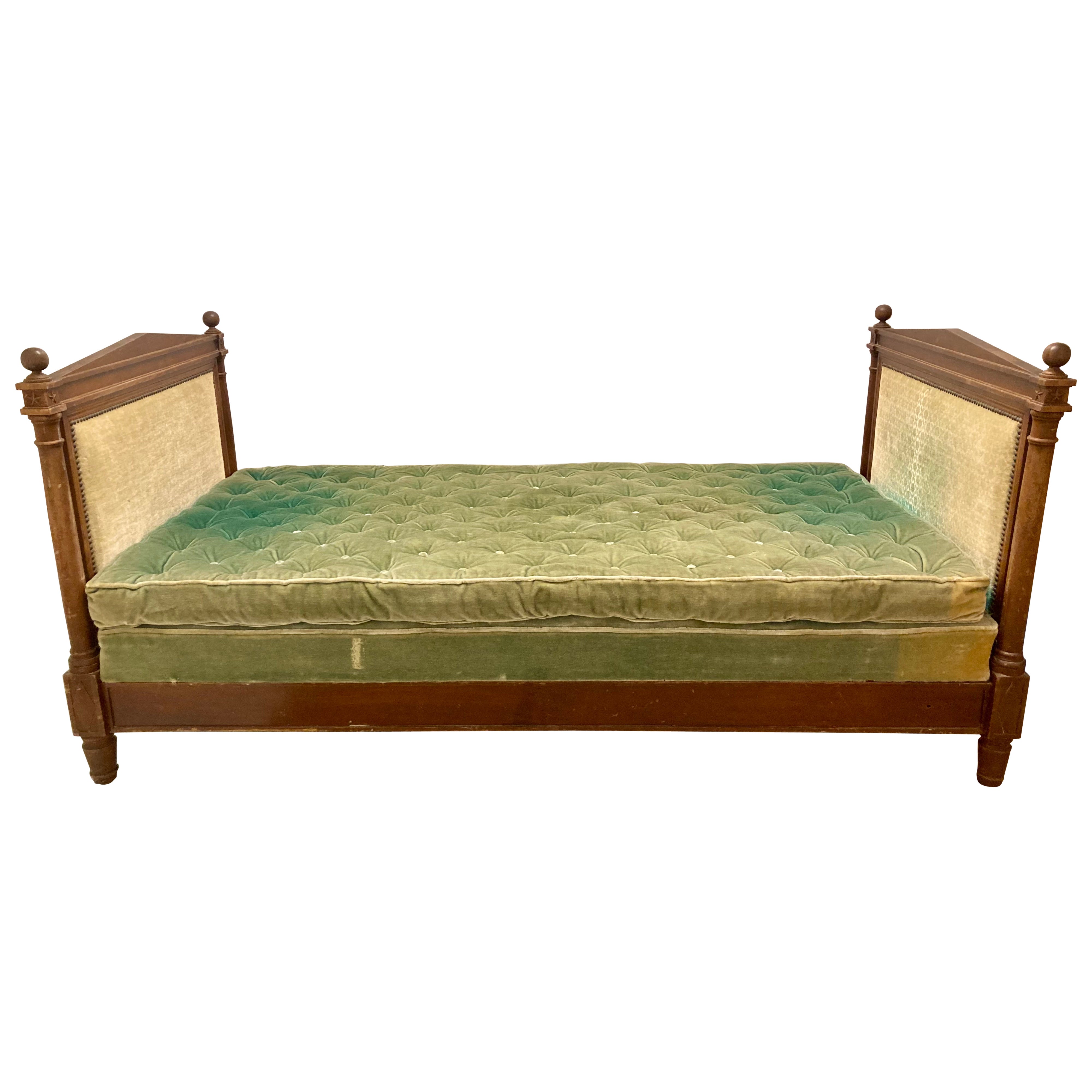 French 19thC Directoire Daybed With Original Tufted Upholstered Seat Cushion Set For Sale