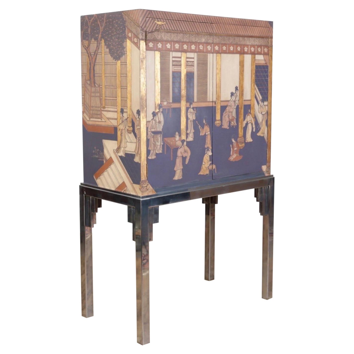 Chinoiserie chinoise Coromandel Gold Gilt Bar Cabinet sur Stand chromé en vente