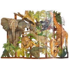 Carved African Jungle Screen with Exotic Wild Animals 