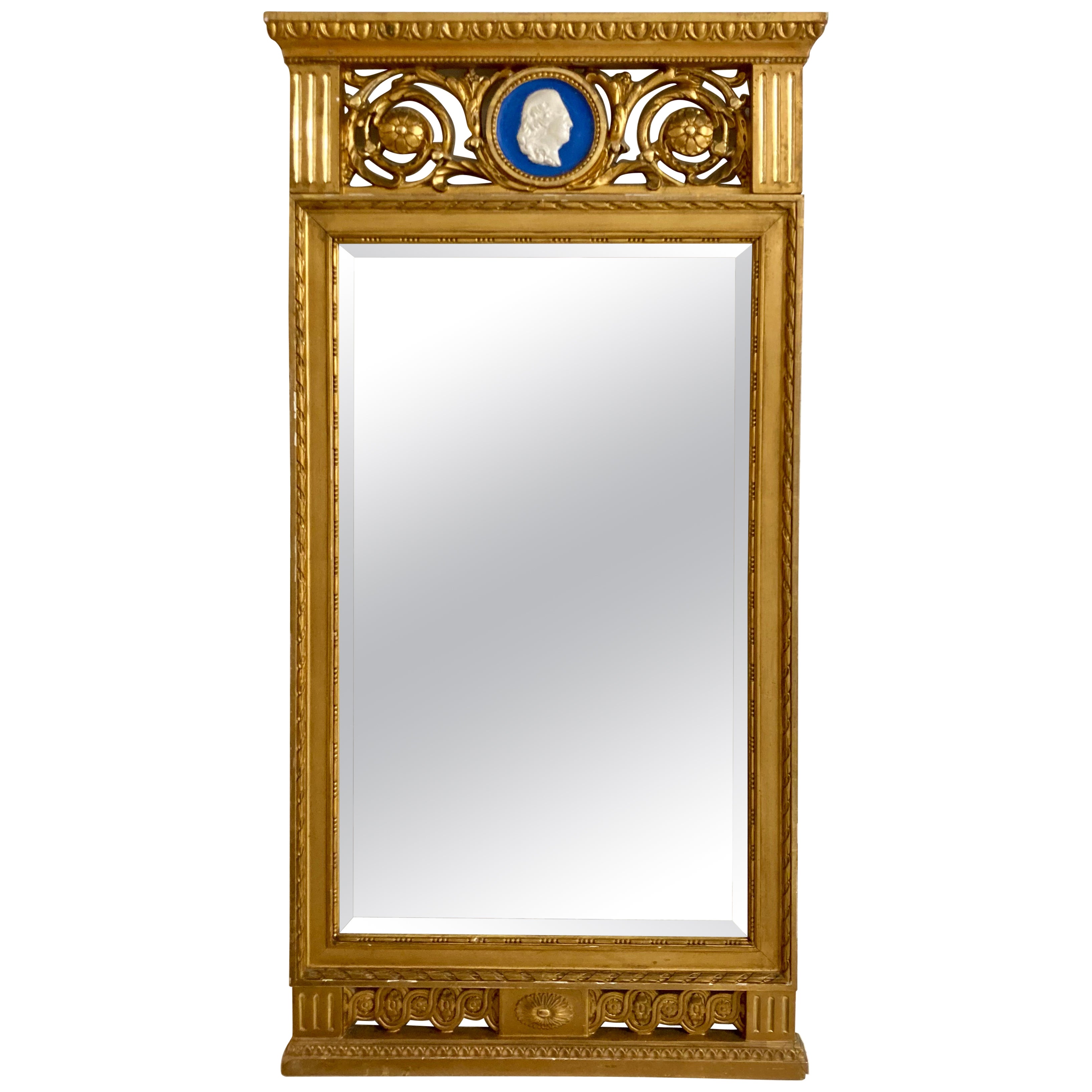 French Gilt Classical Mirror With Wedgewood Style Plaque For Sale