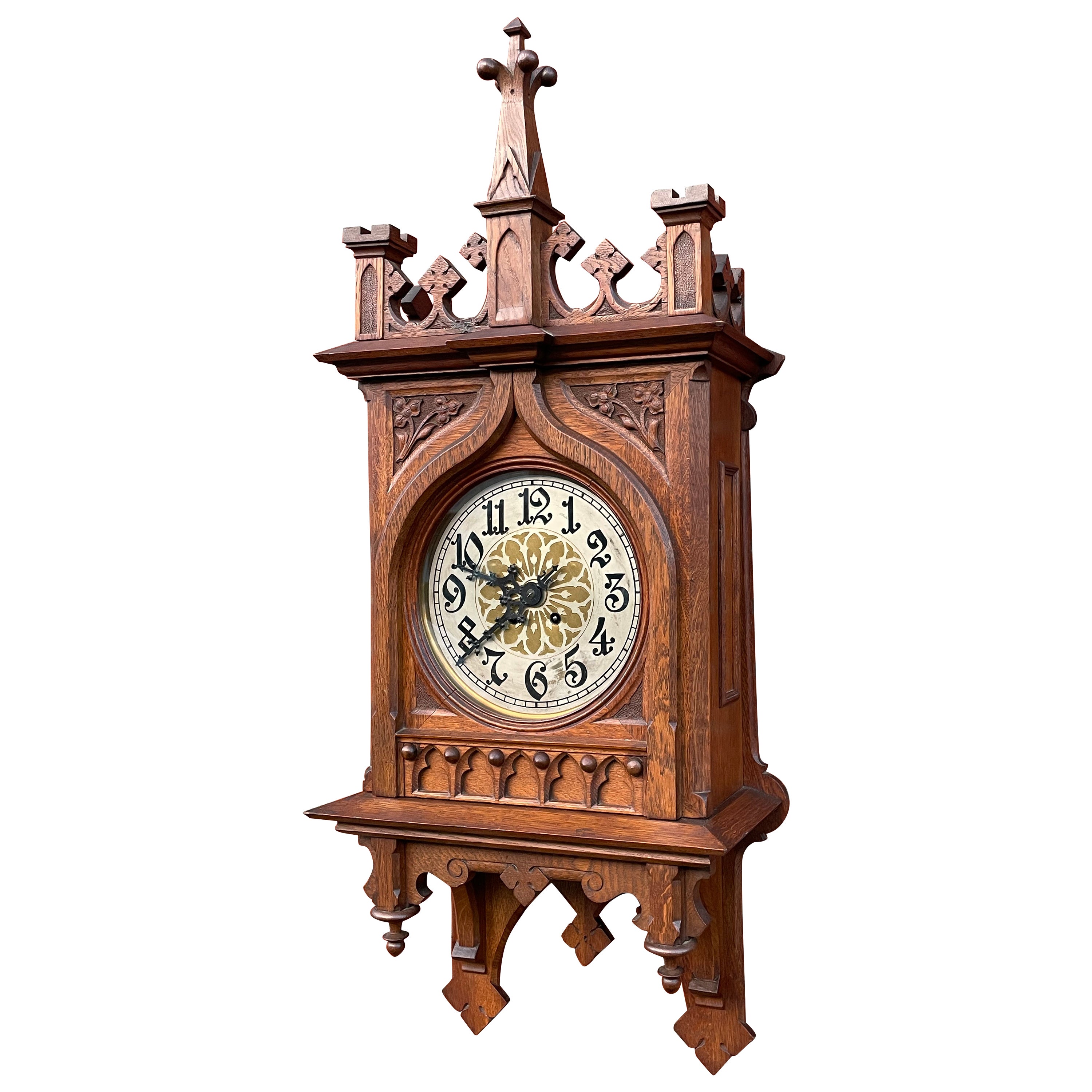 Rare & Large Antique Hand Carved Gothic Revival Wall Clock w. Lenzkirch Movement For Sale