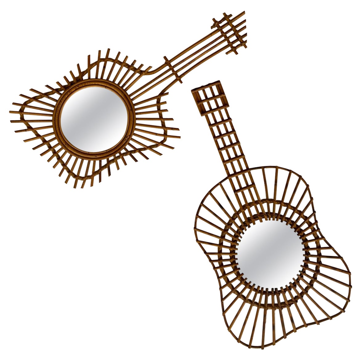 2 unusual  " guitare" rattan mirrors. South of France 1950's  For Sale