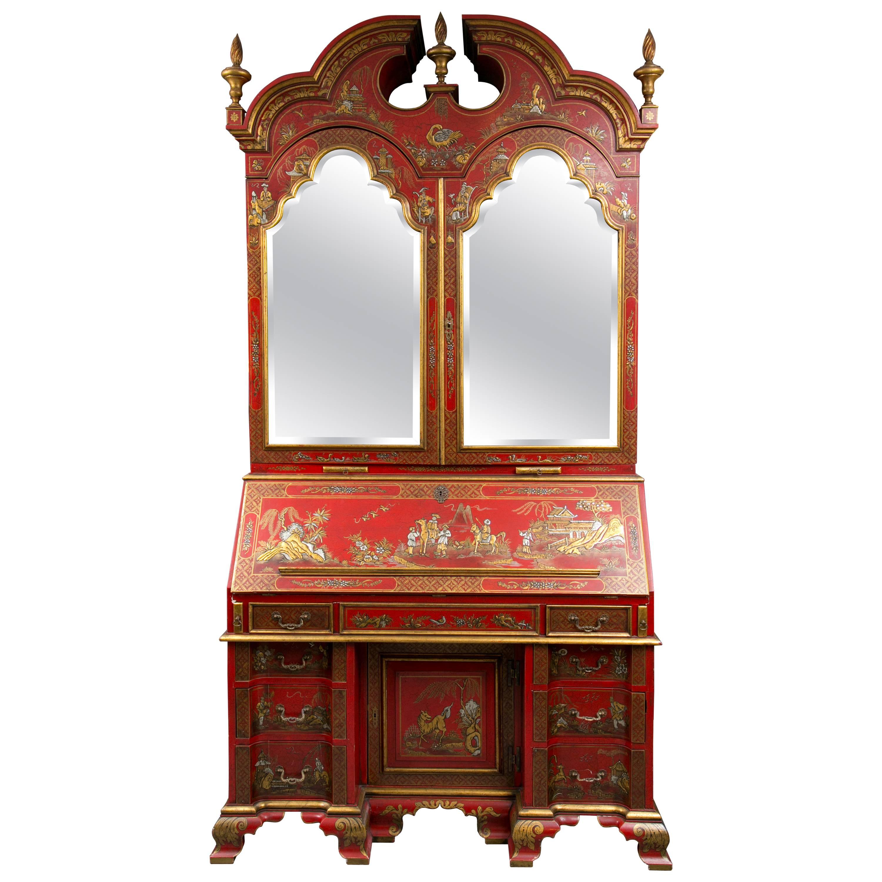 Hand-Painted English Red Chinoiserie Secretary