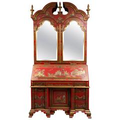 Hand-Painted English Red Chinoiserie Secretary