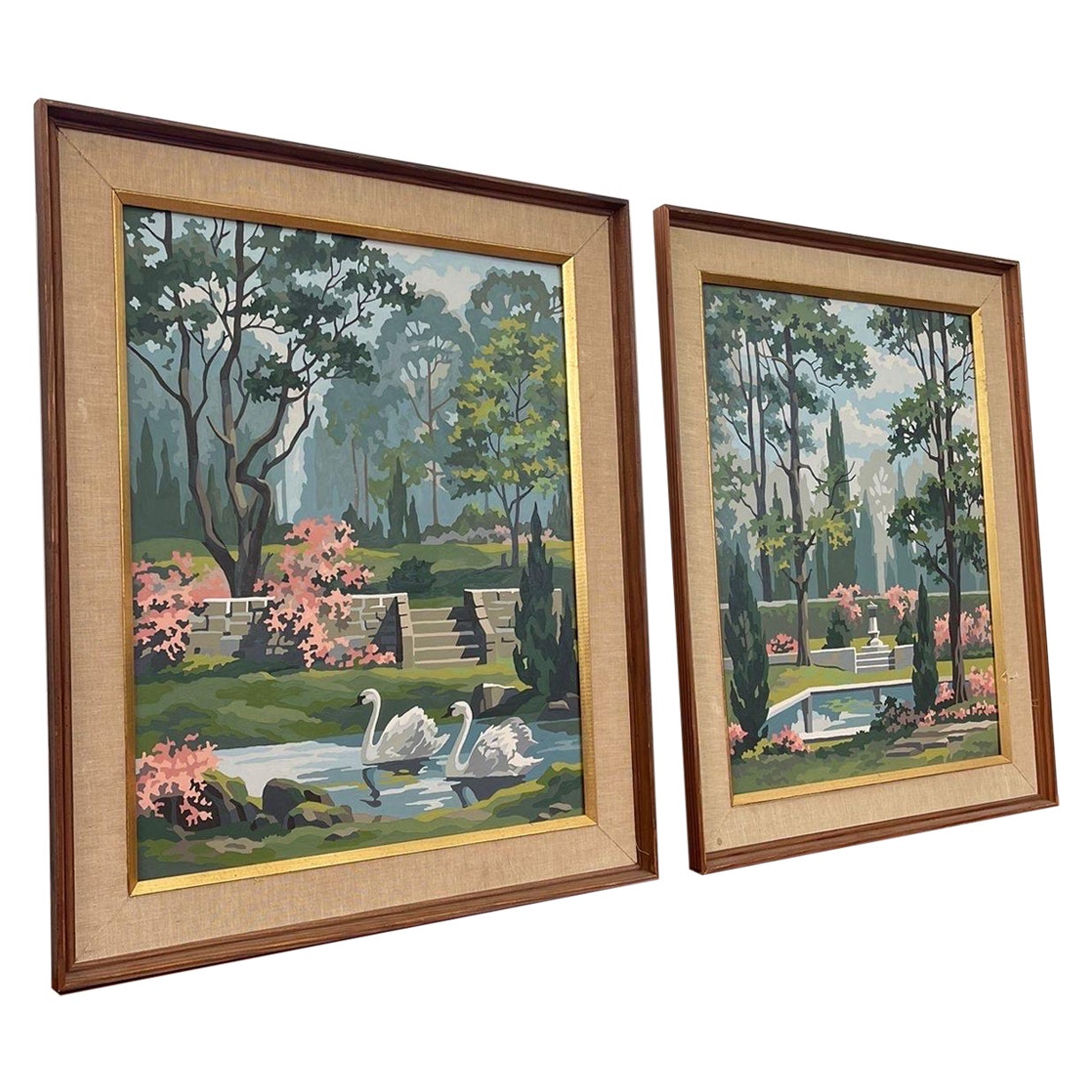Pair of Vintage Framed and Signed Original Painting of Garden Scapes. For Sale