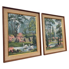 Paire de peintures originales encadrées et signées de paysages de jardins.