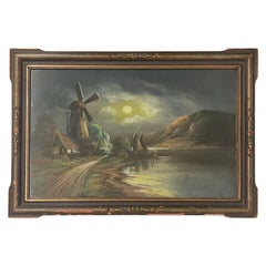 Vintage Original Landscape Windmill Artwork Within Victorian Style Frame.