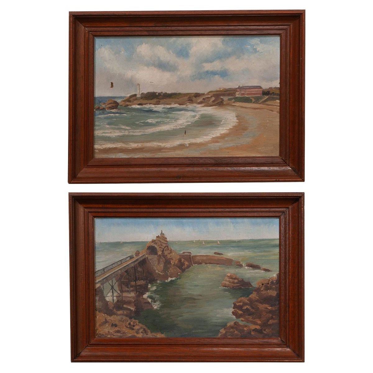 French Pair of Framed Seascape Paintings For Sale