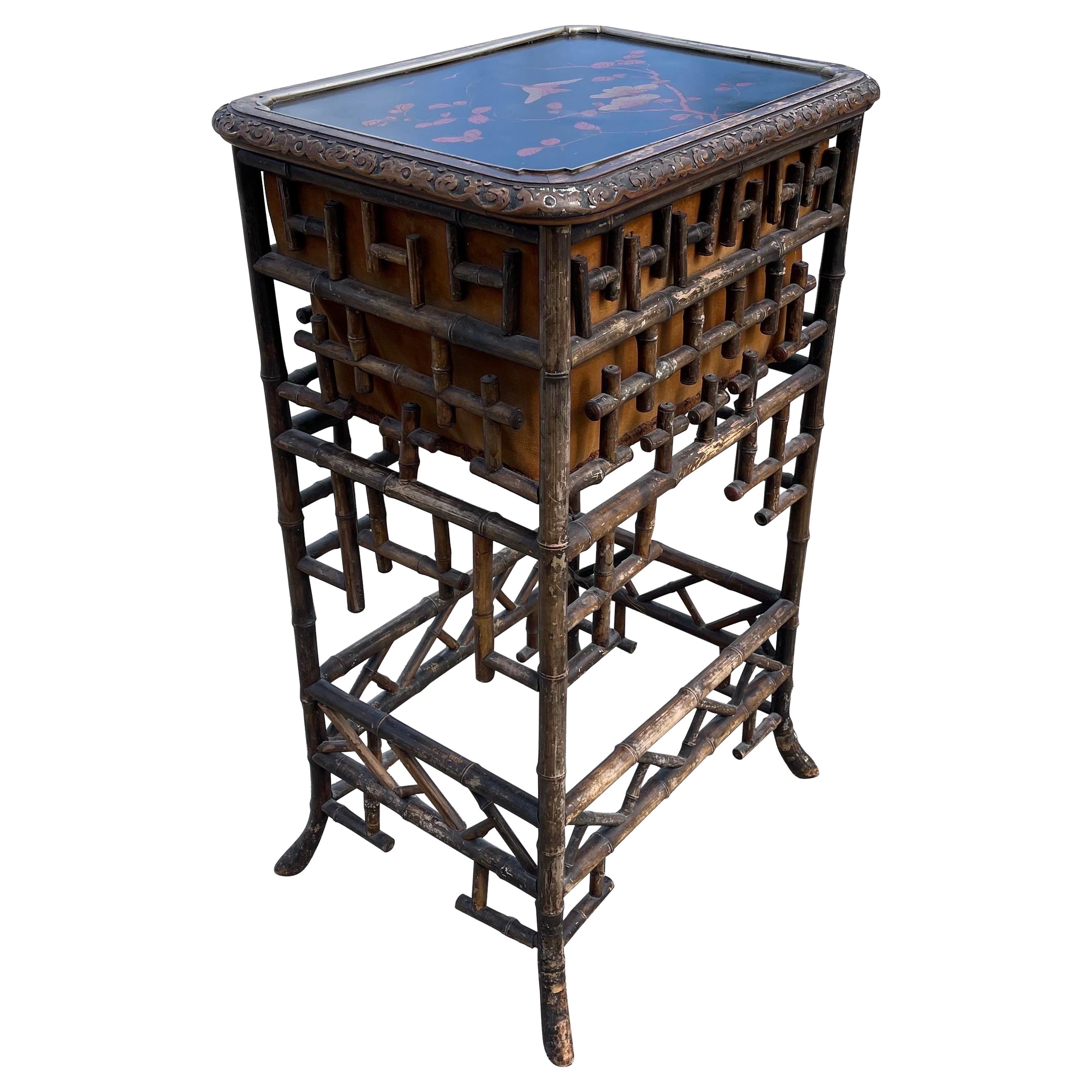 Victorian Aesthetic Movement Chinoiserie Bamboo Fretwork Sewing Table For Sale