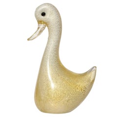 Vintage Seguso Vetri d'Arte Murano White Gold Flecks Italian Art Glass Baby Duck Figure