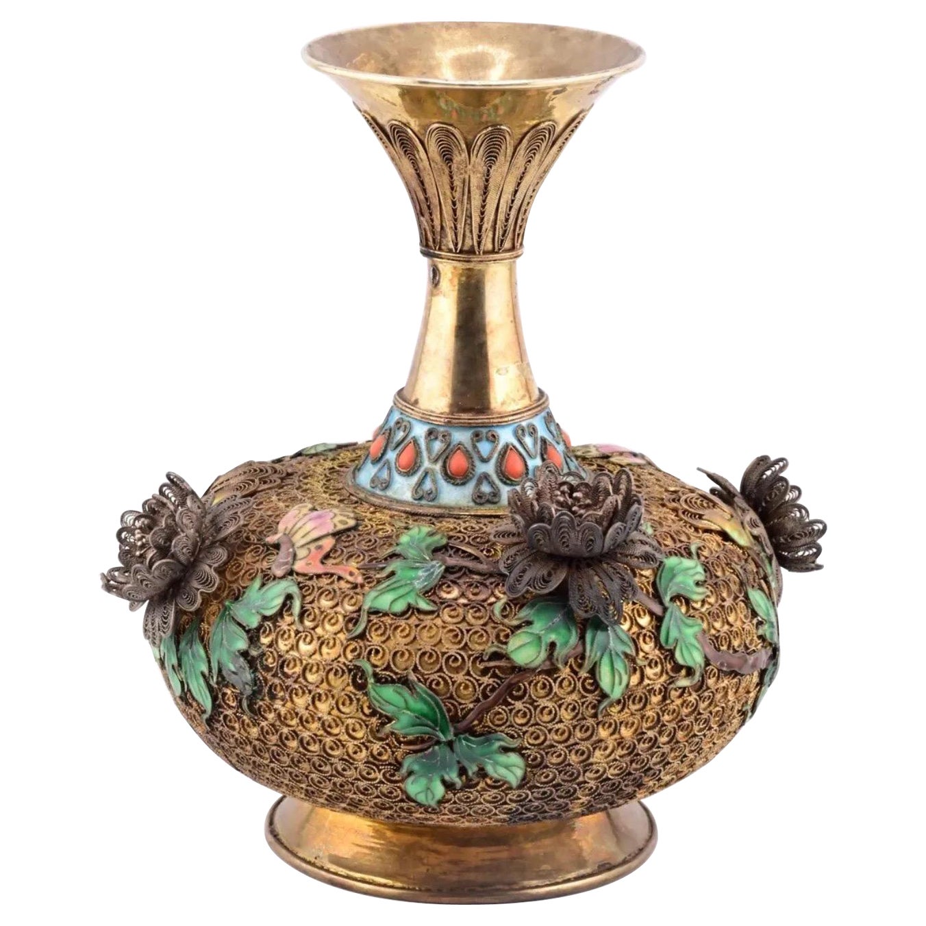 Vase floral chinois ancien en argent émaillé, fabrication émaillée
