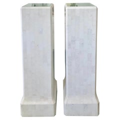 Retro Tessellated White Marble Pedestals With Lighted Surfaces, a Pair