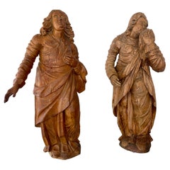 French 17th Century Baroque Carved Wood Figural Sculptures, a Pair
