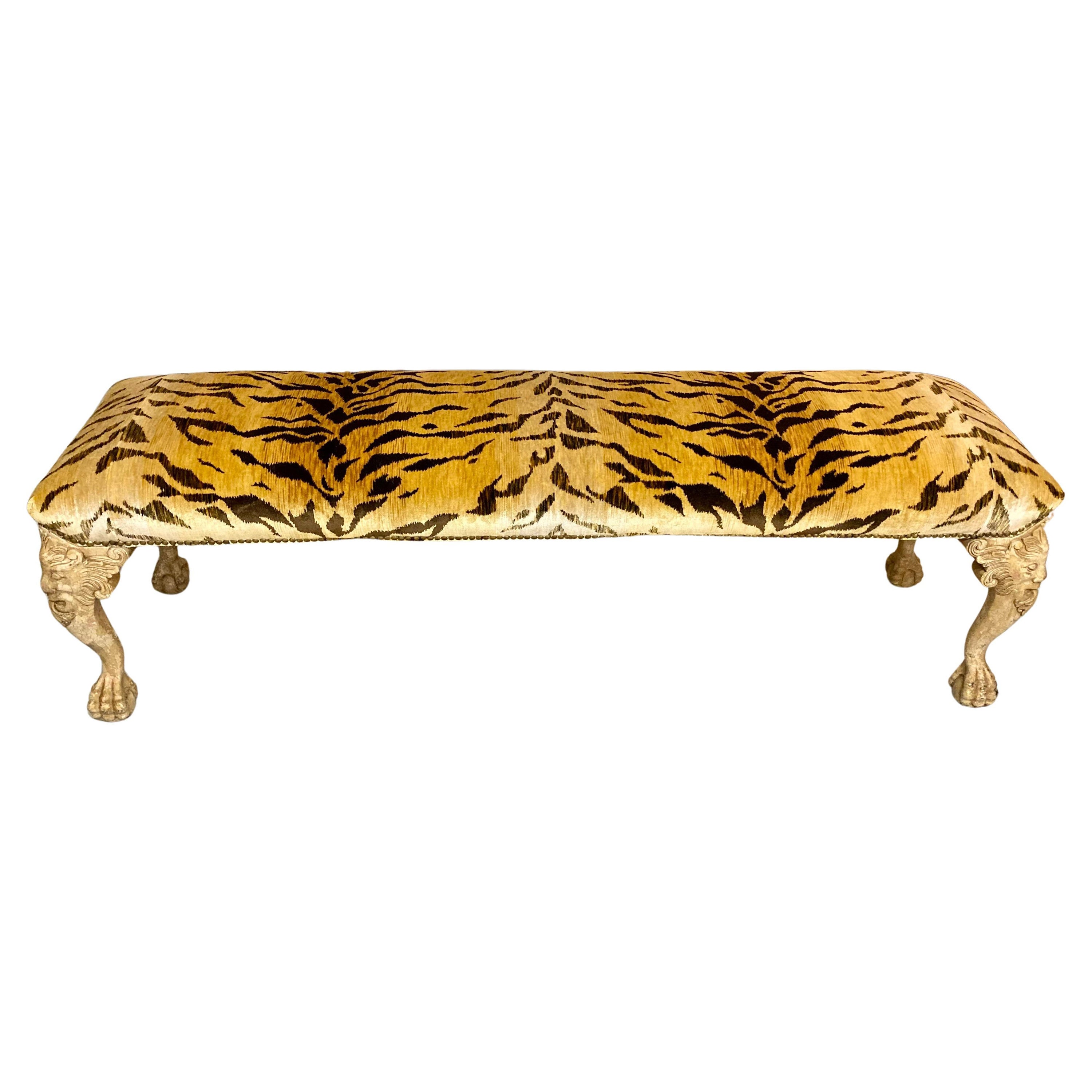 Italian Carved Bench Freshly Upholstered in Tiger Silk Velvet For Sale