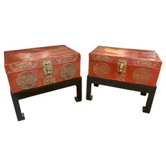 Red Lacquered Asian Trunk Side Tables on Black Stands, a Pair
