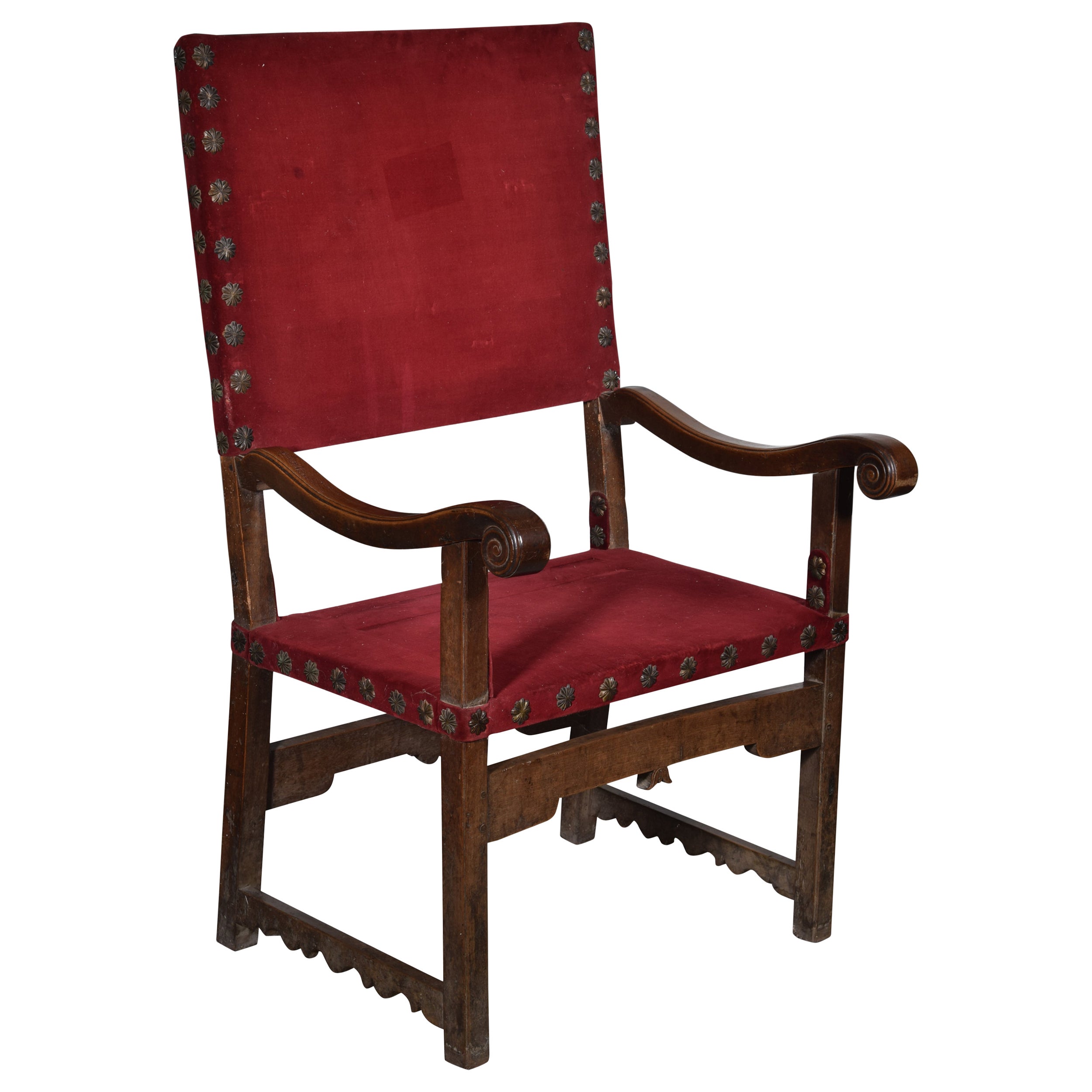 Friar armchair (frailero). Walnut wood, textile. Spain, 17th century. For Sale