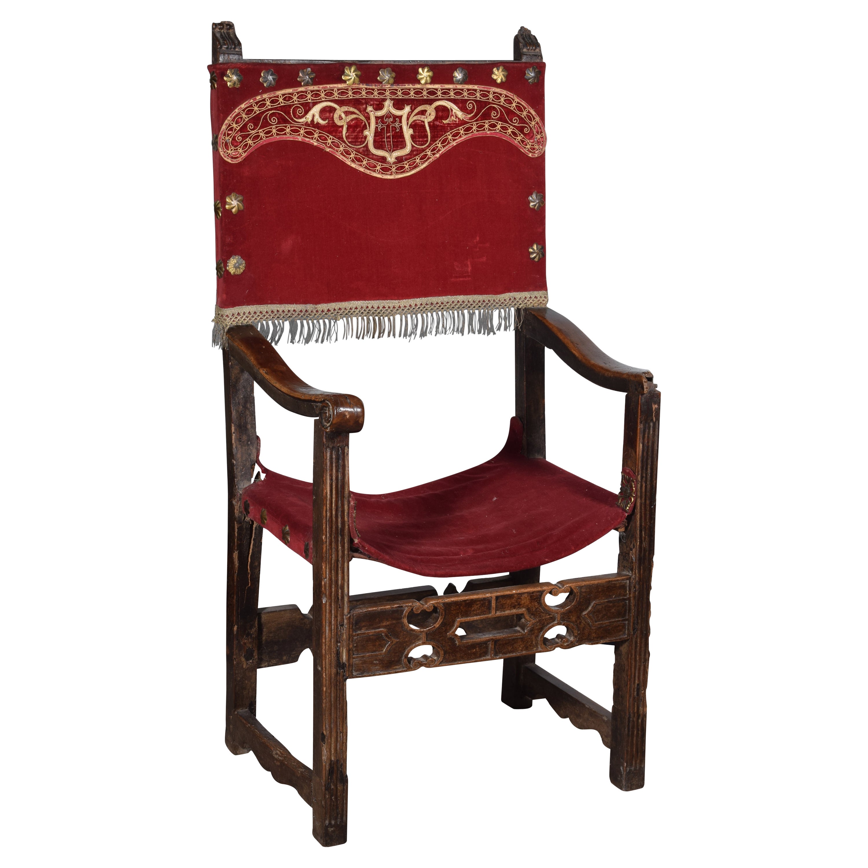Friar armchair (frailero). Walnut wood, textile. Spain, 16th century. For Sale