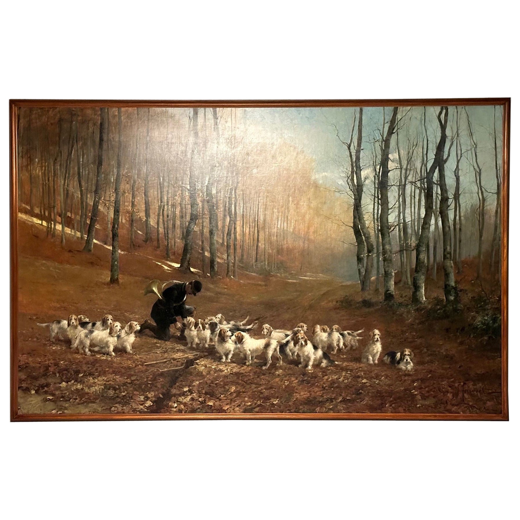 Monumental Oil Canvas, Georges Henri Fauvel, Hunting Dogs with Master, 19th Cent