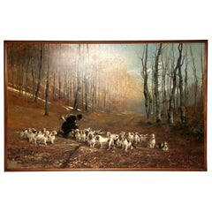 Antique Monumental Oil Canvas, Georges Henri Fauvel, Hunting Dogs with Master, 19th Cent