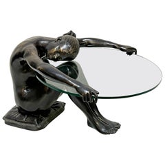 Bronze Coffee Table of Nude Holding a Glass Top