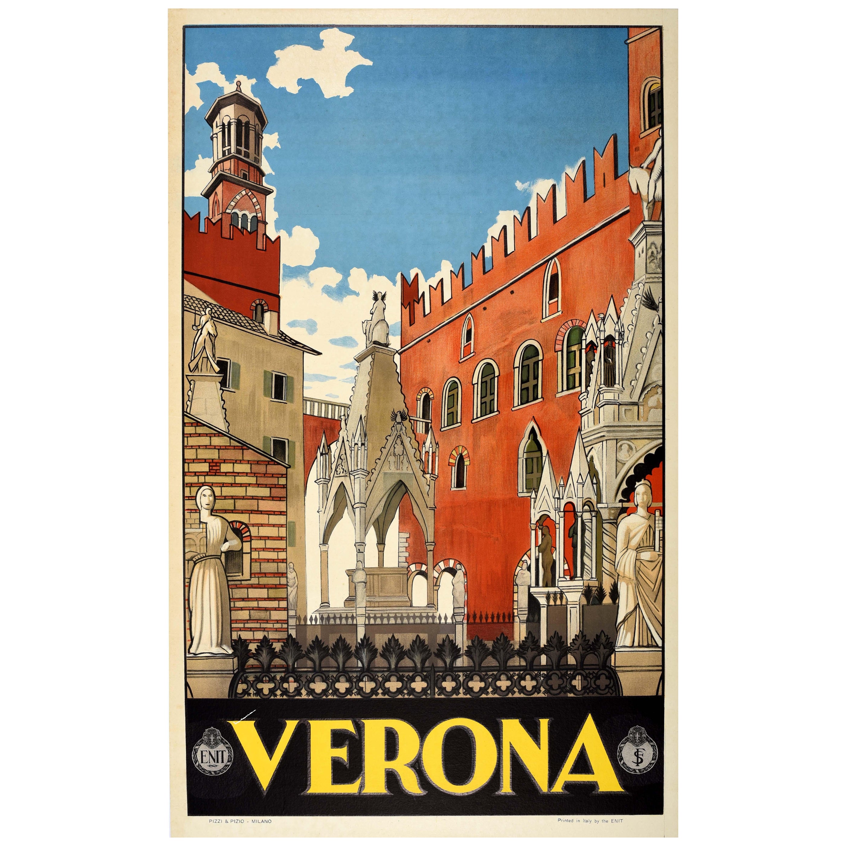 Original Vintage-Reiseplakat Verona Veneto, Italien, ENIT Italia, Stadtansicht, Design