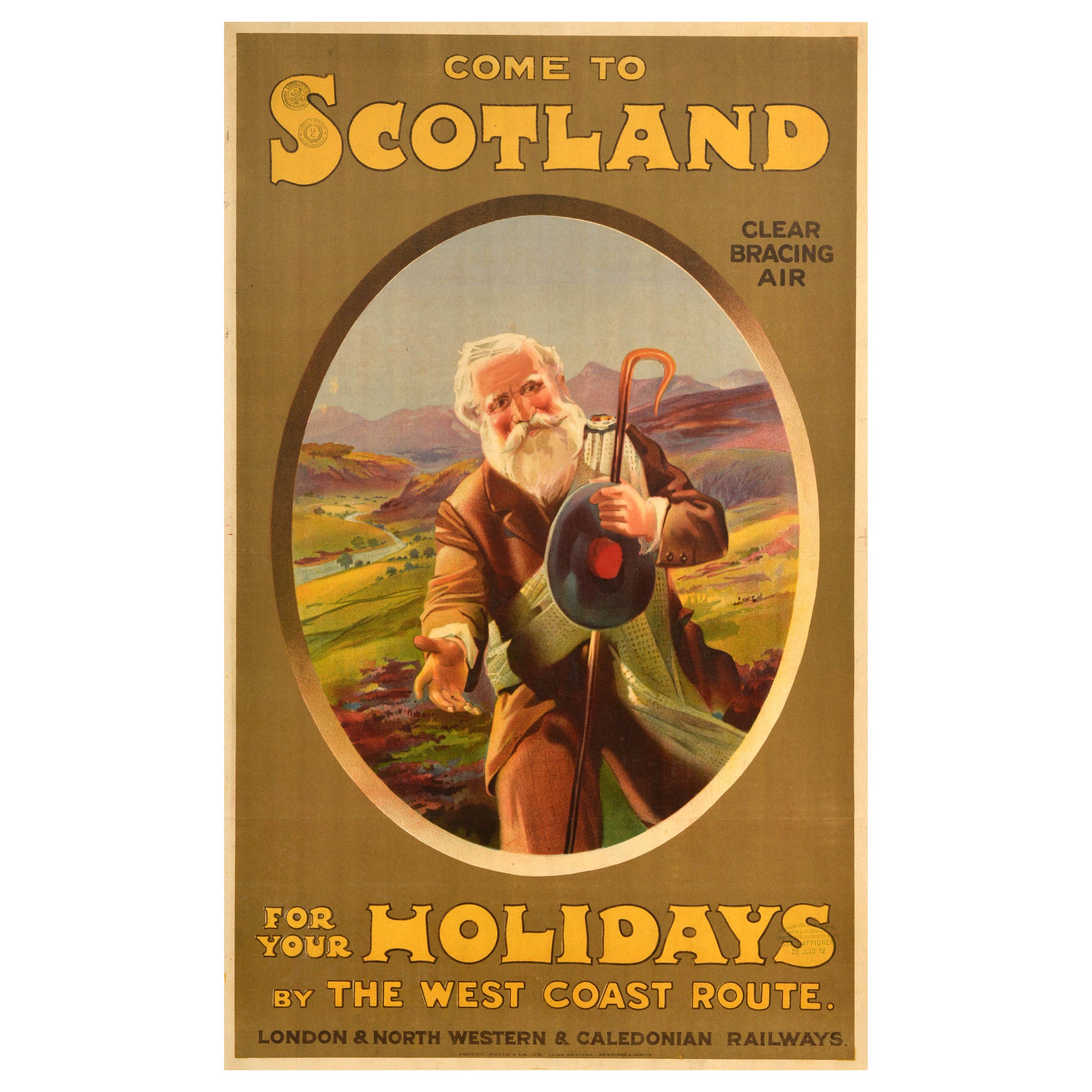 Original Antique Train Travel Poster Scotland Holidays LNWR Caledonian Railway For Sale
