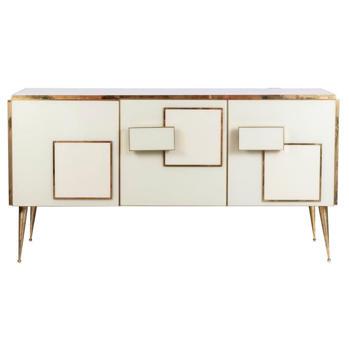 Geometric sideboard in glass and gilded brass. Contemporary Italian work. For Sale