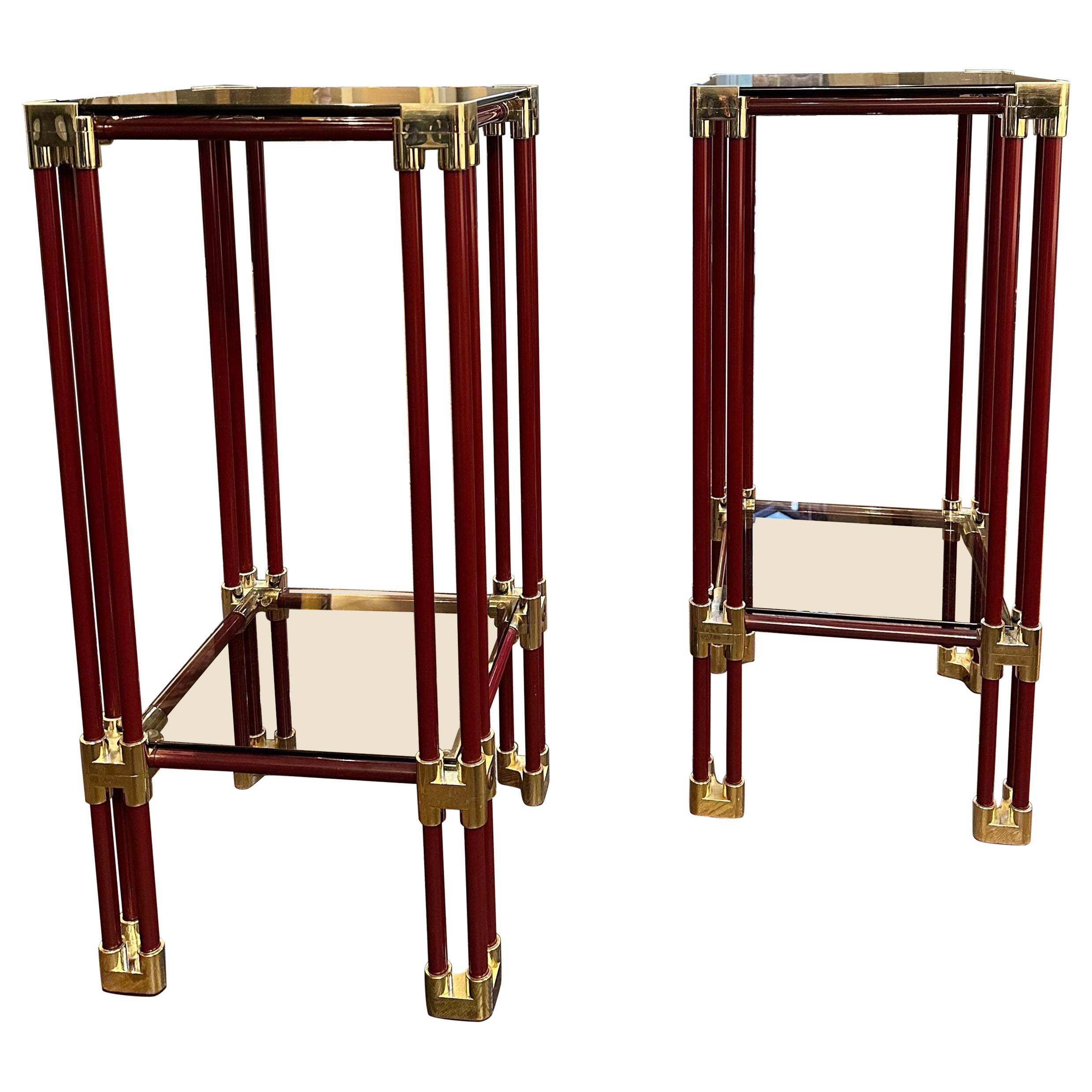 A Pair Of Brass and Burgundy Lacquered Two Tier Side Tables 
