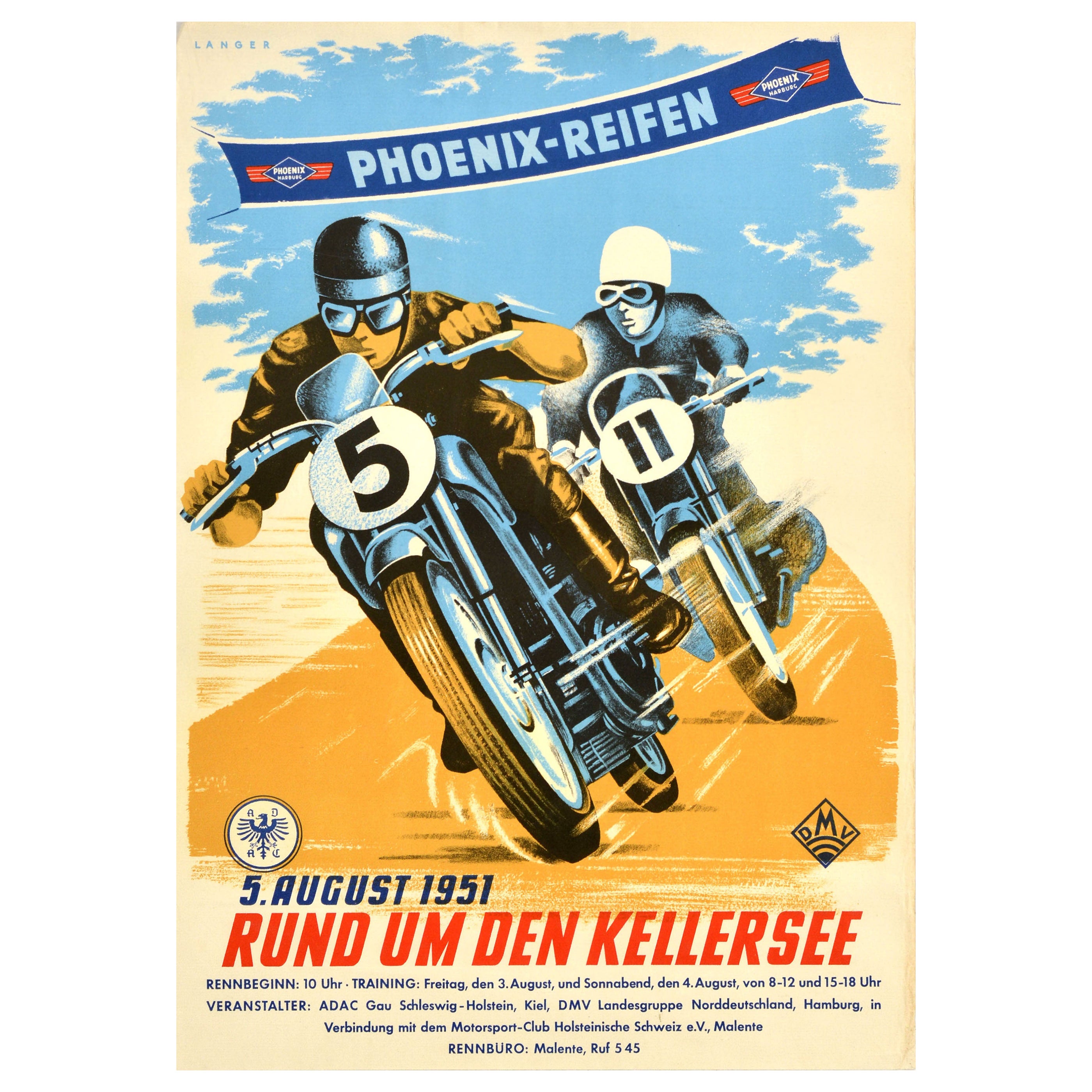 Original Vintage Motorsport Poster Motorcycle Race Phoenix Reifen 1951 Kellersee