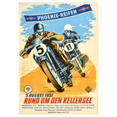 Poster originale d'epoca per il motociclismo Phoenix Reifen 1951 Kellersee