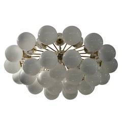 Murano White Art Glass and Brass MidCentury Chandelier and Pendant, 2000