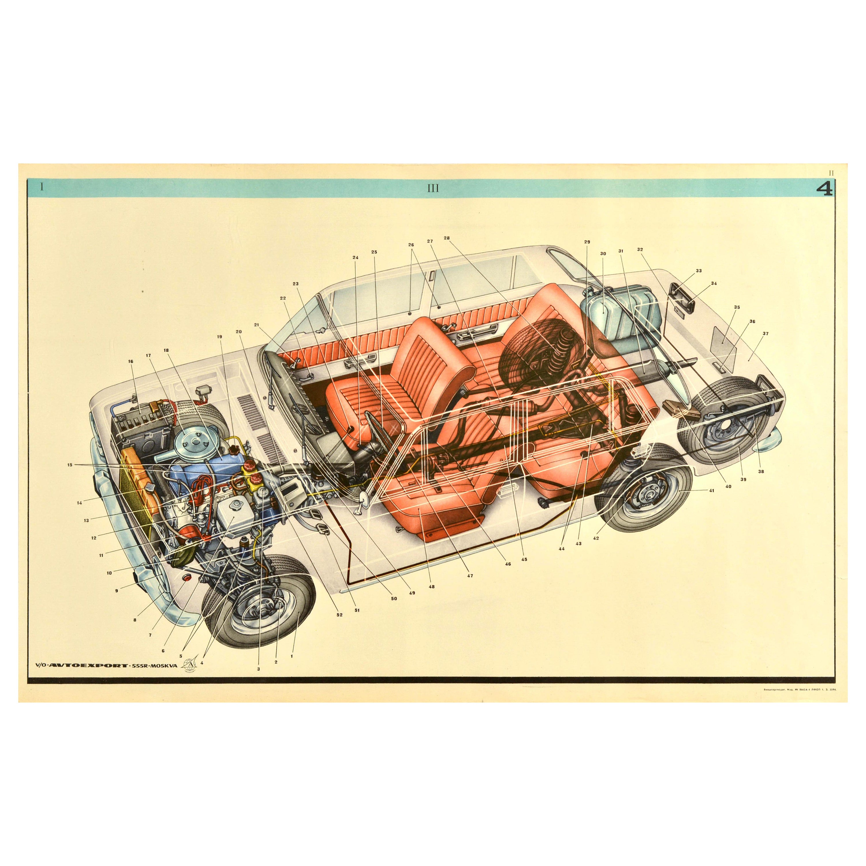 Affiche publicitaire soviétique originale vintage Lada Car AvtoVAZ Interior Engine URSS