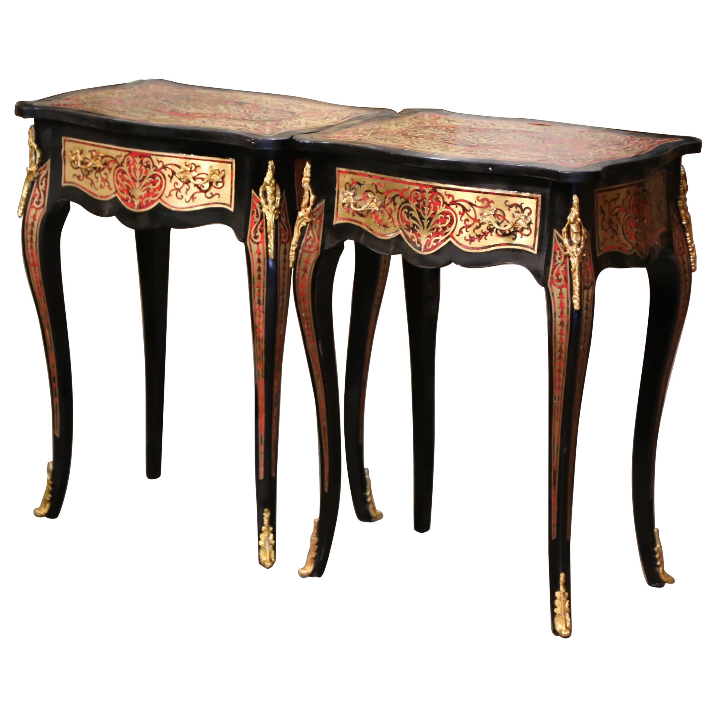 Pair of Mid-Century Louis XV Boulle Style Blackened and Brass Inlay Side Tables 
