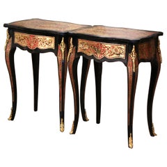 Vintage Pair of Mid-Century Louis XV Boulle Style Blackened and Brass Inlay Side Tables 