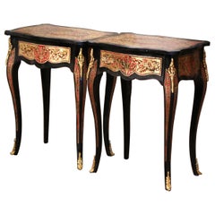 Pair of Mid-Century Louis XV Boulle Style Blackened and Brass Inlay Side Tables