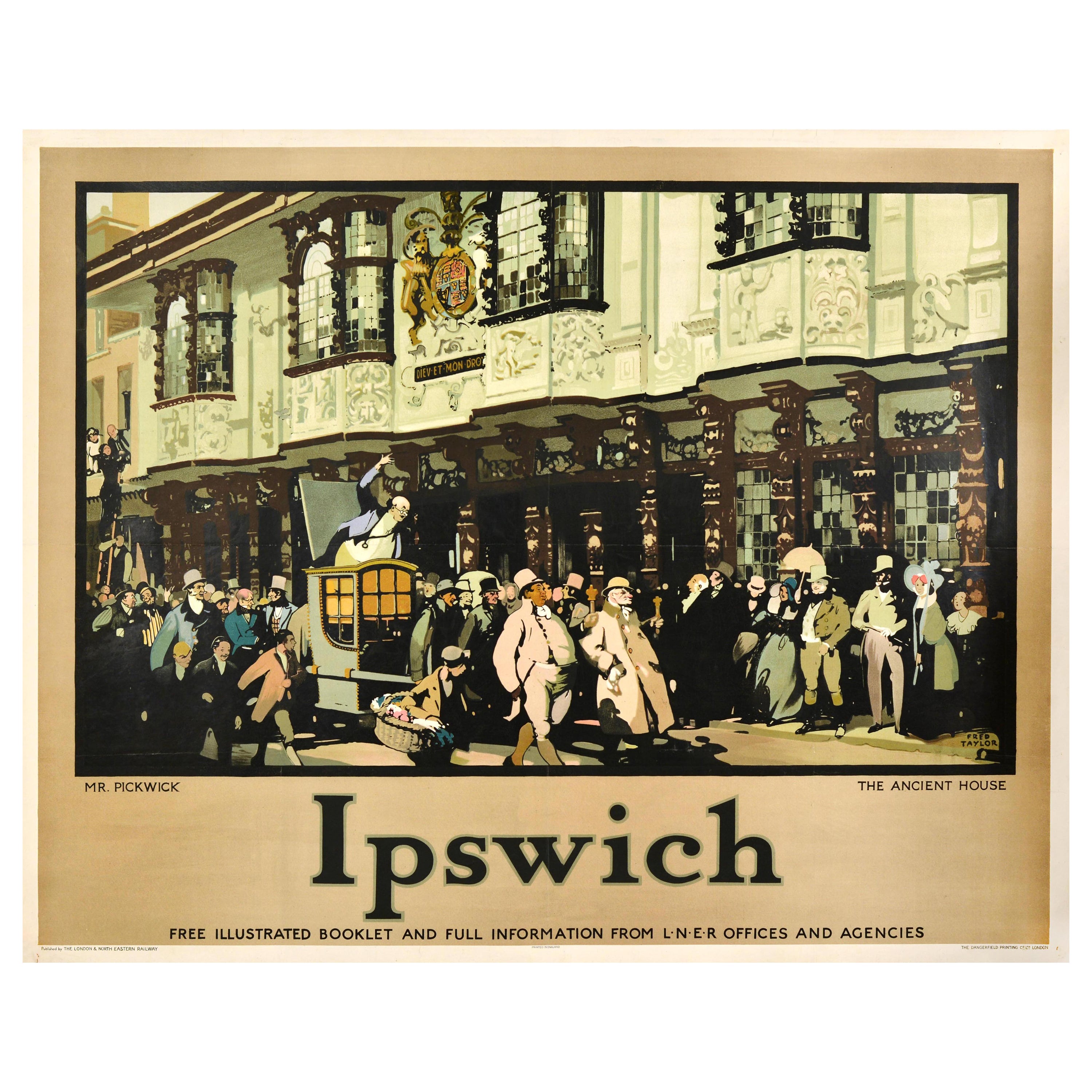 Affiche vintage originale de voyage en train Ipswich LNER Mr Pickwick The Ancient House en vente