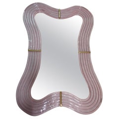 Murano Pink Glass and Brass Console Wall Mirror, 1990