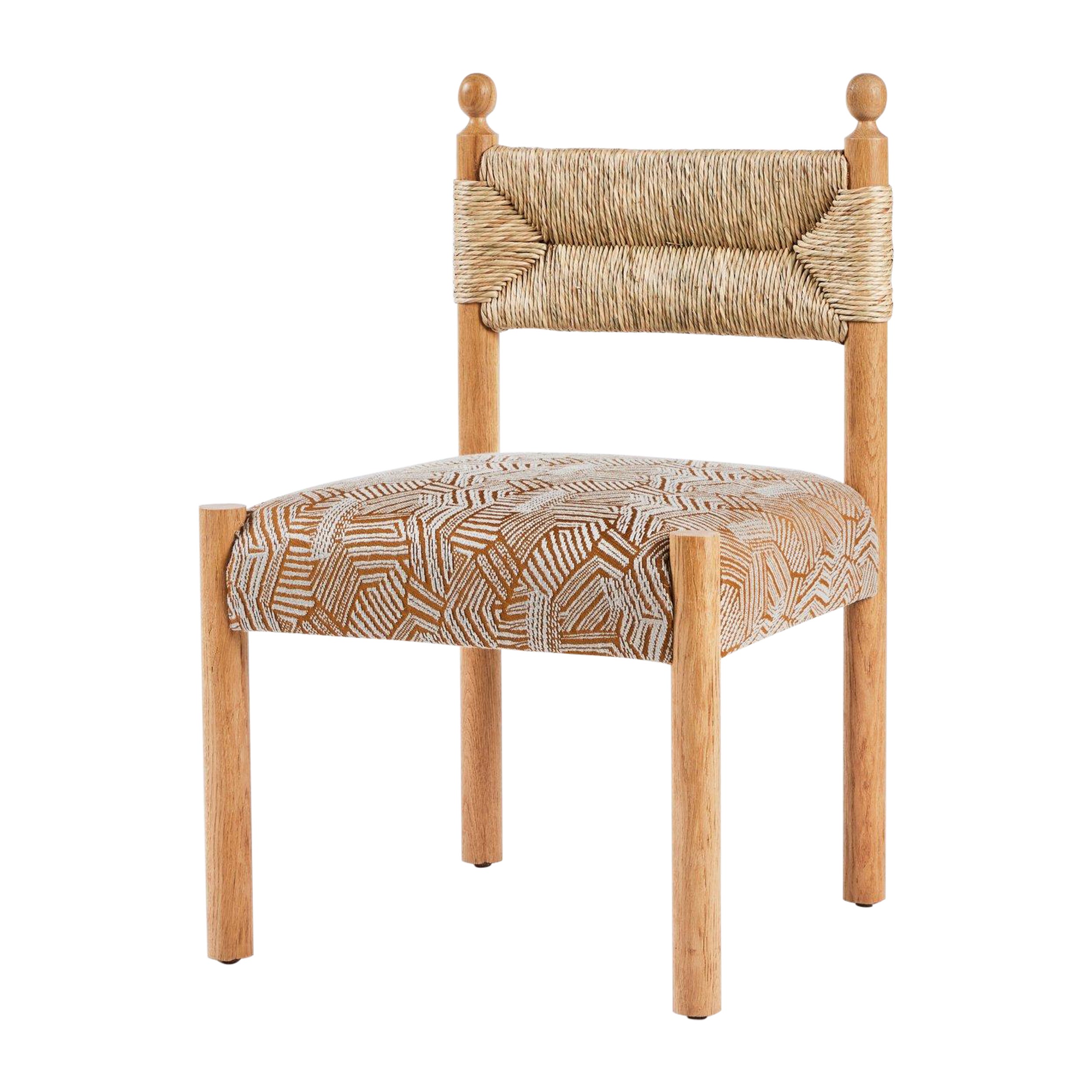 Rustic Modern Dining Side Chair with Turned Finials upholstered Seat & Rush Back For Sale