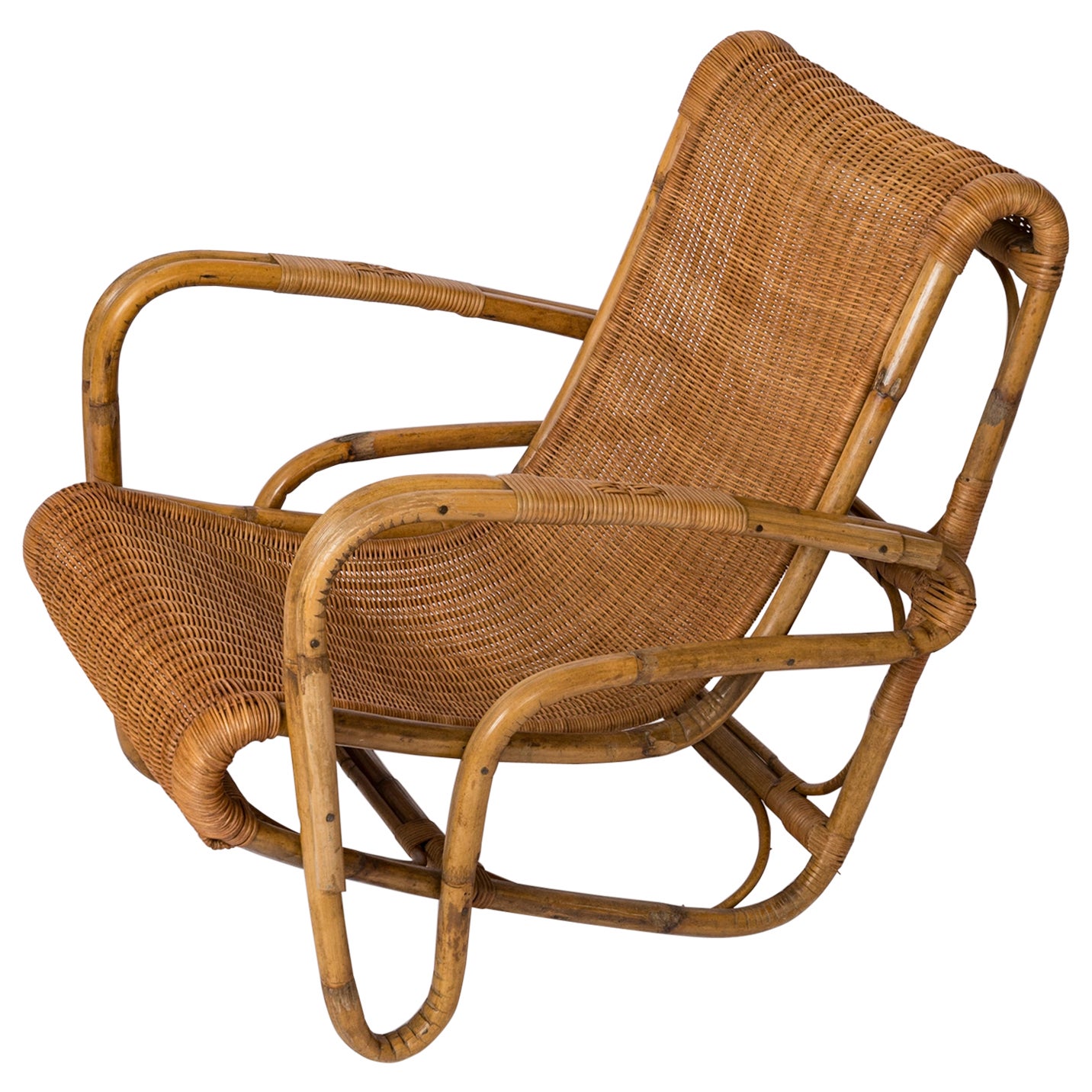 Rattan & Wicker Armchair in the style of Joseph André Motte - France 1960's