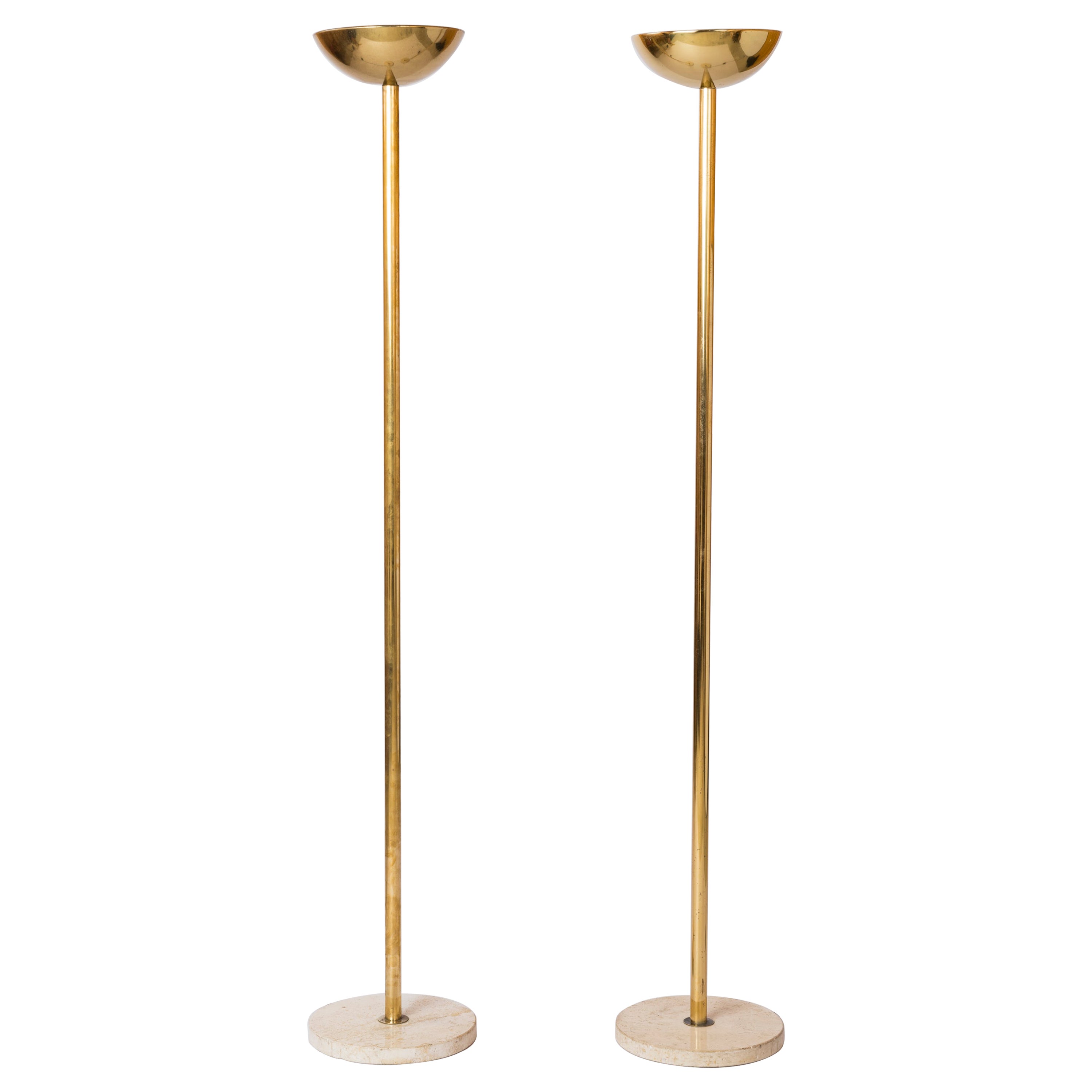 Pair of Travertine & Brass Floor Lamps in the style of J. Grange - Italy 1980s For Sale