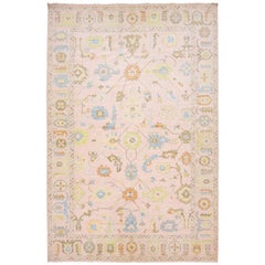 Pink Contemporary Oushak style Wool Rug Handmade Features a Floral Design